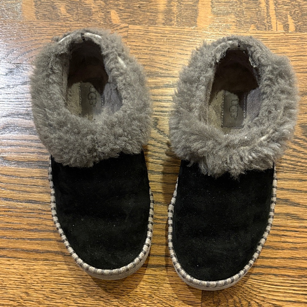UGG Black Suede Slippers with Gray Shearling, probably size 6